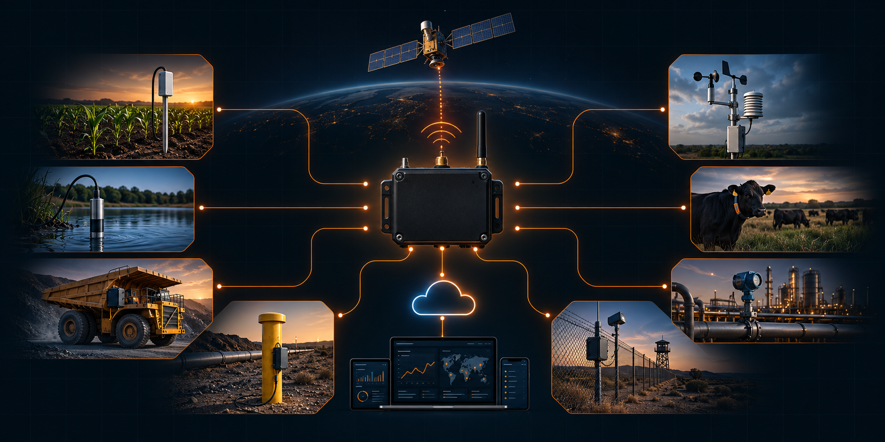 Satellite Sensor Technologies sensor integration across agriculture, water, mining, energy, environmental monitoring, corrosion protection, industrial automation, transport, maritime, defence, infrastructure, weather and livestock